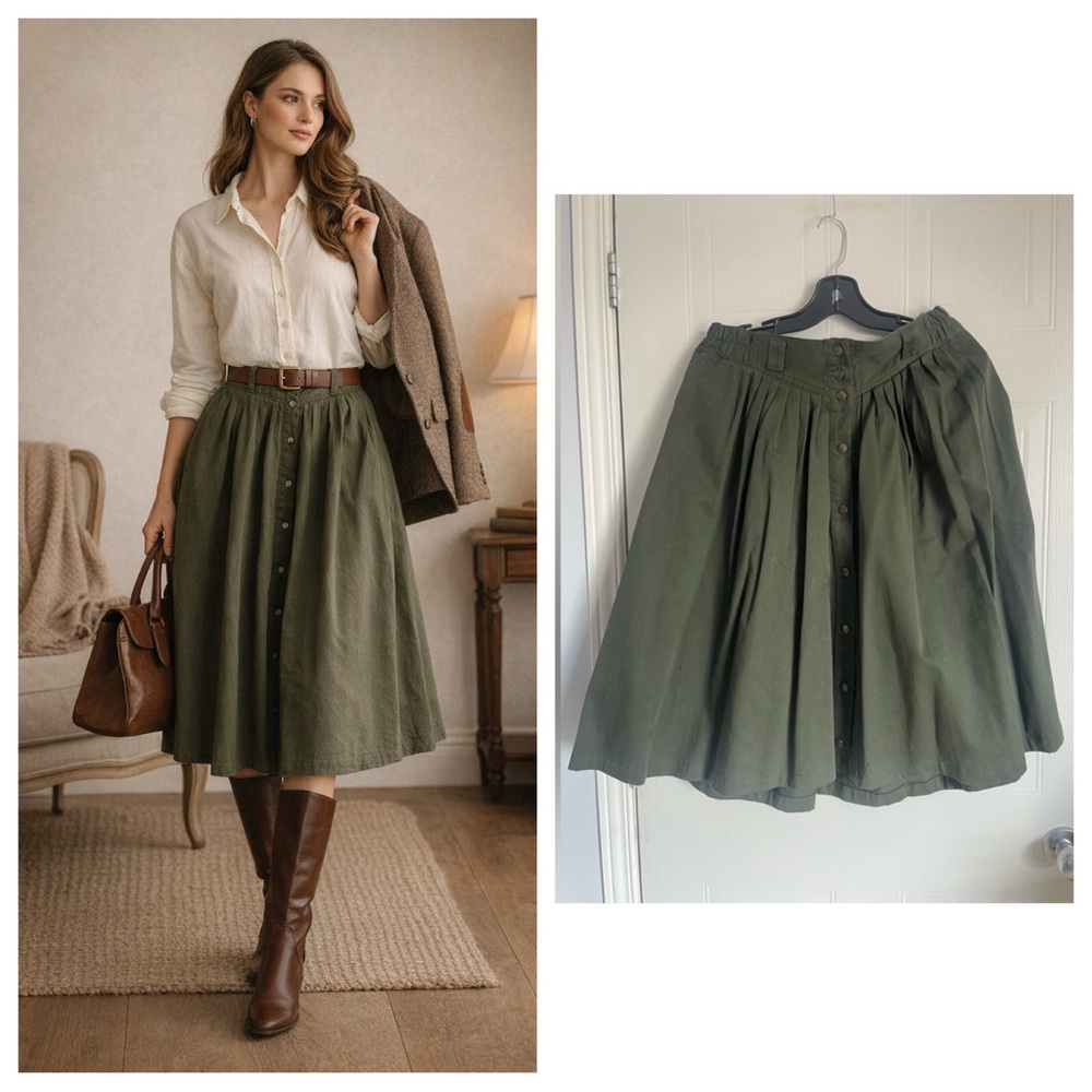 Green Cotton Midi Skirt Size 14 Cottagecore Classic Heritage Feminine Skirt